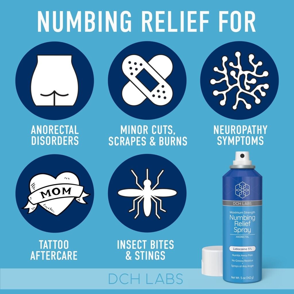 DCH Labs 5% Lidocaine Numbing Spray Maximum Strength Relief, 5 oz, Topical Anesthetic That Sprays at Any Angle, Vegan  Cruelty-Free, Secured with Child Resistant Cap