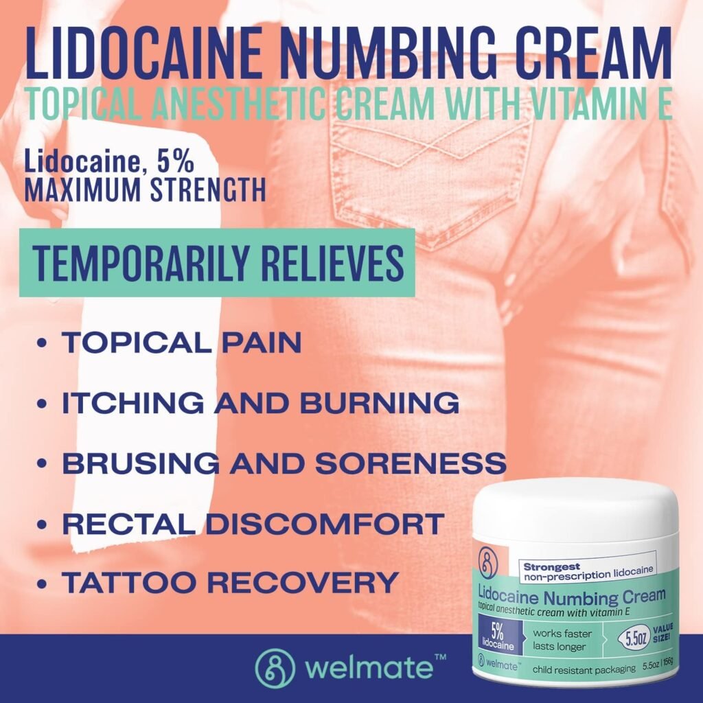 WELMATE | 5% Lidocaine | Numbing Cream Maximum Strength | Topical Anesthetic | Aches, Back Pain, Itching, Soreness, Burning, Tattoos,  Bruises | Unscented | Vegan | Child Resistant Packaging | 5.5 Oz